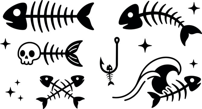 Black silhouette fish skeleton set with skull fish bone crossed bones fishing hook and ocean wave elements in simple vector style