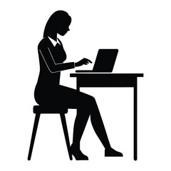 Woman at Desk Using Smartphone and Laptop Silhouette Vector