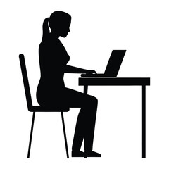 Woman at Desk Using Smartphone and Laptop Silhouette Vector