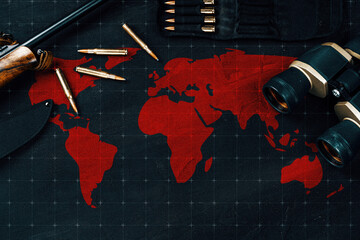 Obraz premium Conflict between Iran and USA shown with weapons and map in a dark setting