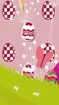 Vertical video: Green frame shifting, showing hill, causing pink panel sliding, egg forming for ads