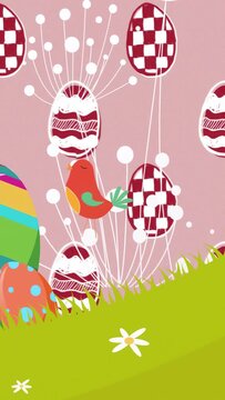 Lime-green hill banding and shifting, revealing Easter scene with eggs, bird hopping for loop