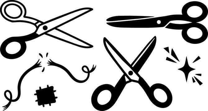 Black and white vector art of four different scissors cutting thread with simple icon style isolated on white background