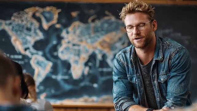 Teacher interacts with students in a classroom setting with a world map
