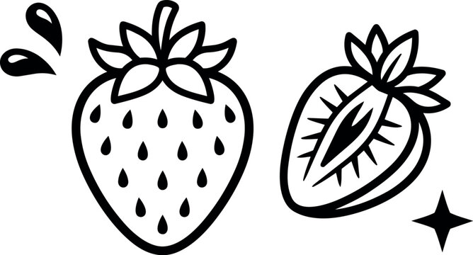 Black line art minimal vector design of whole and sliced strawberry with seeds and leaves simple organic fruit icon set