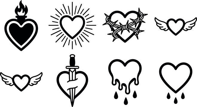 Black and white minimalist heart vector icons set with flame barbed wire wings dagger and dripping styles