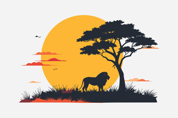 A wild black lion silhouette stands against a sunset sky in a nature landscape illustration featuring forest trees and safari animals in a vector art design © Anik
