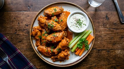 Delicious Buffalo Chicken Wings with Creamy Dip and Fresh Vegetable Sticks on a Rustic Wooden Table