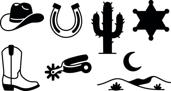 Black silhouette cowboy hat horseshoe cactus sheriff badge boot spur moon desert landscape vector icons collection
