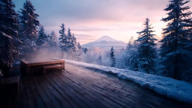 Geothermal hot springs resort, spa, bath pool, winter relaxation vacation theme. A wooden deck covered in snow, with a wooden bench beside it.