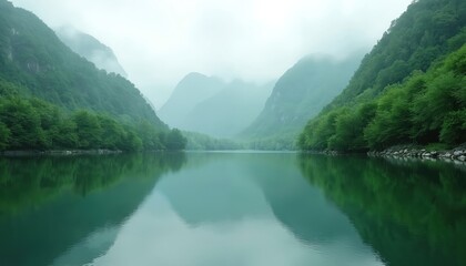 Fototapeta premium Misty green mountains rise from a calm lake. Rich forest covers slopes, reflecting in clear water. Peaceful natural landscape evokes serenity, quietude. Foggy morning view.