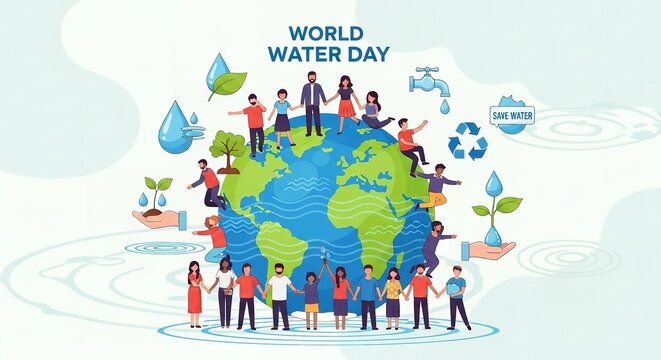 A colorful illustration of people from around the world coming together to celebrate World Water Day and promote water conservation.