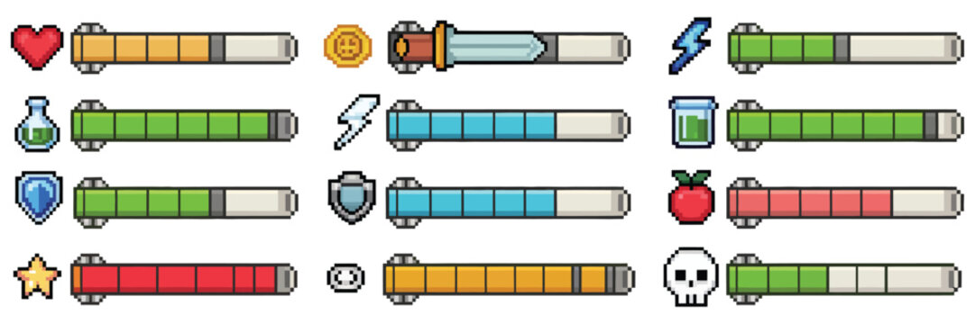 Pixel Progress Bar and RPG Game Interface Vector Set, 8 Bit Retro Arcade Status Indicators with Health, Stamina, and Energy Meter, Weapon, Coin, Potion, Shield, Heart, and Skull Pixel Icons