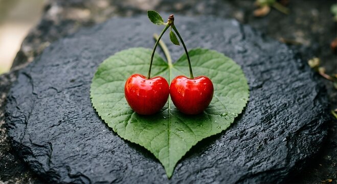 Deux cerises rouges fra&icirc;ches en forme de c&oelig;ur sur une feuille verte, symbole de l'amour et de la romance sur fond d'ardoise noire.