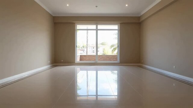 Empty room with large window and tiled floor