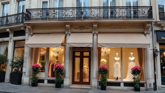 Elegant storefront with mannequins and flowers