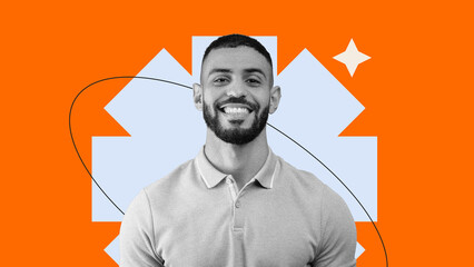 A man stands smiling in front of a colorful background. He wears a gray polo shirt. The design includes shapes and bright colors. This collage creates a lively and engaging visual. © Prostock-studio