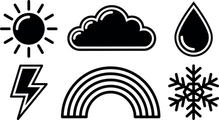 Fototapeta premium Black and white simple weather icon set including sun cloud raindrop lightning rainbow and snowflake vector line art