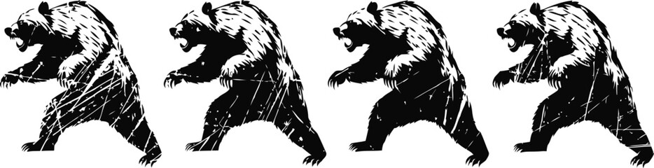 Fototapeta premium Four black silhouette grizzly bears roaring in aggressive stance on white background