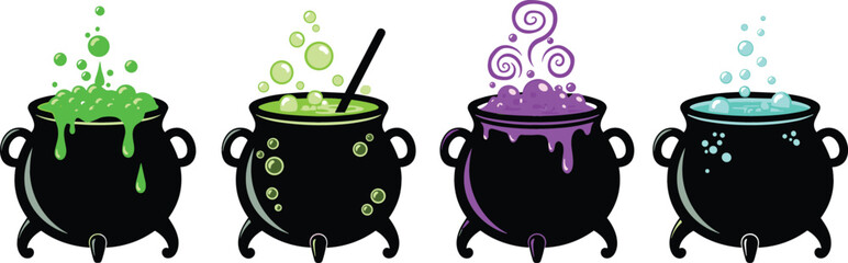 PrintHalloween magic potion cauldrons with bubbling colorful liquids, spooky witch brewing pot set with green purple and blue magical smoke vector illustration © EdGe Creative