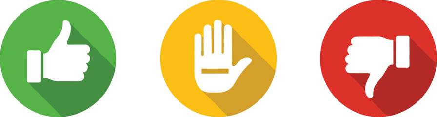 User feedback icons with thumbs up, stop hand and thumbs down symbols representing approval, warning and dislike rating concept © EdGe Creative