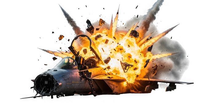 Exploding tank with fire and smoke isolated on transparent background