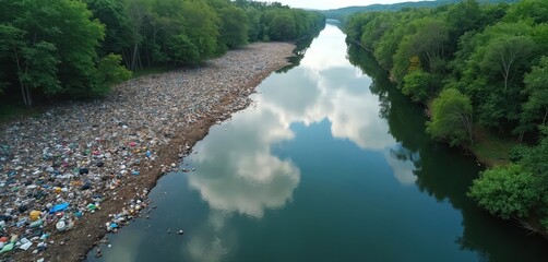 Naklejka premium Aerial view shows river bank clogged with vast amounts of plastic trash. Green forest surrounds water body reflecting sky clouds. Environmental pollution problem is evident.
