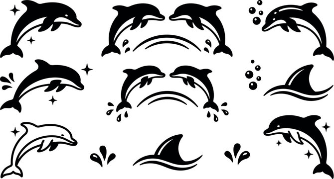 Minimalist black dolphin silhouettes jumping and splashing water with bubbles and wave elements vector art collection