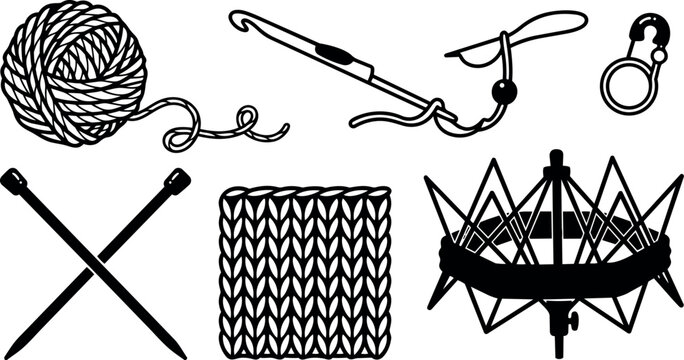 Flat design knitting tools vector set with yarn ball crochet hook knitting needles stitch holder and yarn swift black silhouettes