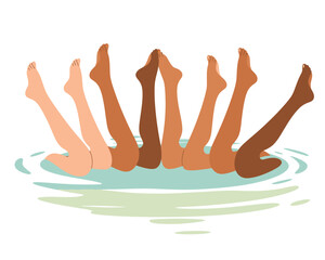 Obraz premium Synchronized swimmers' legs form an artistic formation above the water surface.