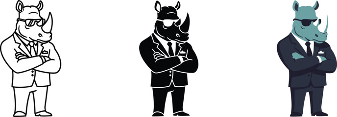 Professional rhinoceros mascot wearing a sharp business suit and cool sunglasses stands confidently with arms crossed presenting mascot options © DesignVirtuoso