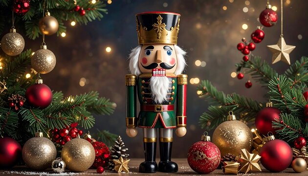Festive holiday scene with a nutcracker and Christmas ornaments