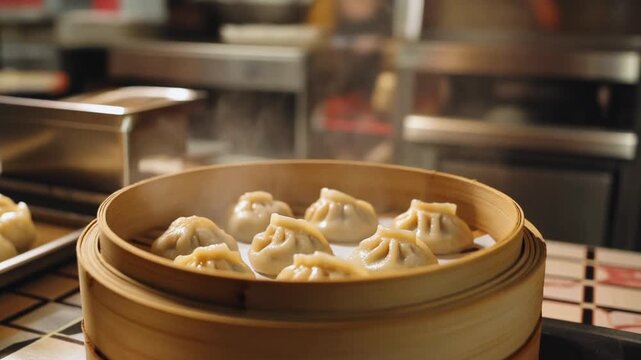 Steamed dumplings in a bamboo steamer at a kitchen counter