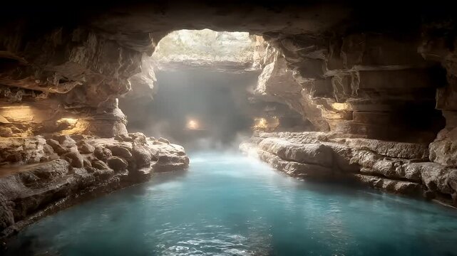 Geothermal hot springs resort, spa, bath pool, winter relaxation vacation theme. A breathtaking view of a cave illuminated by a soft light at the end.