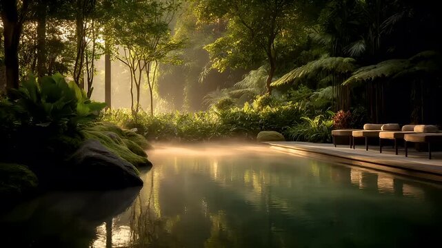 Geothermal hot springs resort, spa, bath pool, winter relaxation vacation theme. A tranquil scene of a serene pool surrounded by lush tropical rainforest, illuminated by soft, golden light.