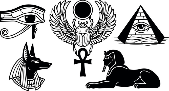 Black and white vector art set featuring ancient egyptian symbols including winged scarab ankh sphinx anubis head and all seeing eye pyramid designs
