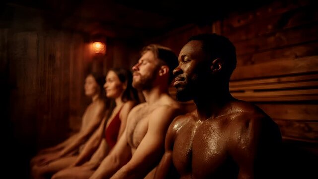 Therapy stress release treatment, health lifestyle. A group of people seated in a wooden sauna, illuminated by a warm, ambient light. The saunas walls are a rich brown.