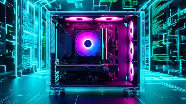 Open computer case with glowing fans