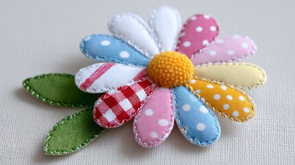 Colorful fabric flower with polka dot and checkered petals, featuring a yellow center and green leaves, displayed on a textured light background