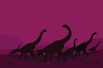Silhouette illustration of a brachiosaurus herd migrating across a prehistoric landscape.  © andrcnz