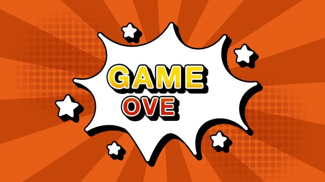 game over text word lettering popup comic cartoon reveal with bomb and smoke explosion manga anime book page dots with radial speed lines doodle orange background with seamless loop animation retro