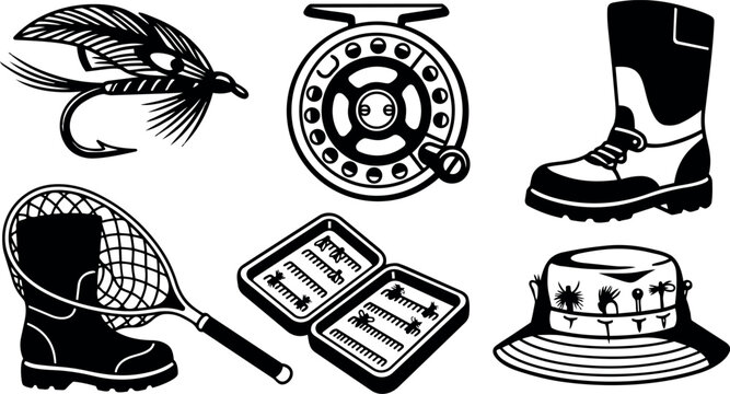 Black and white vector art set of fishing fly reel fishing boots fishing net and fishing hat with hooks in flat style