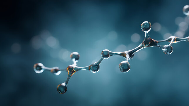 Futuristic molecular network visualization showing glossy interconnected spheres linked by luminous bonds in a deep blue scientific environment, ultra-detailed nano-scale structure