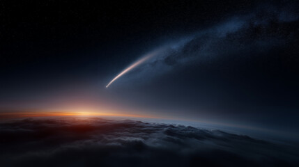 Fototapeta premium Dramatic cosmic scene showing a luminous comet or meteor streaking across the star-filled sky in a graceful arc above the curved horizon of Planet Earth, brilliant sunrise glow ill