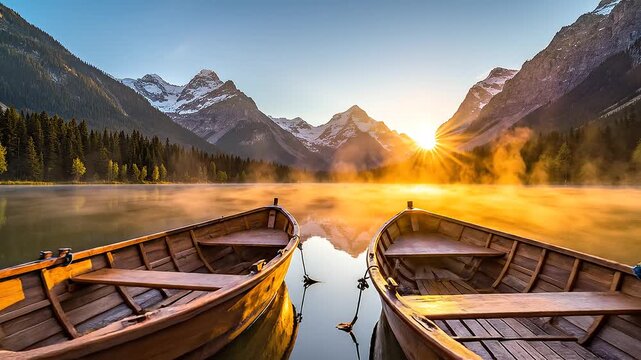 Serene lake with boats and mountains.