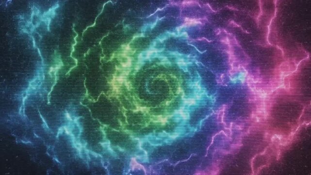 Vibrant swirling galaxy with colorful lightning.