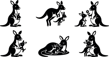 Naklejka premium Black silhouette vector art of mother kangaroo interacting with baby joey in different poses including jumping sitting and hugging illustrations