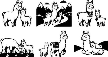 Fototapeta premium Minimalist black and white vector art of adult lama with baby lama in nature scenes with mountains grass and scarves cozy peaceful mood