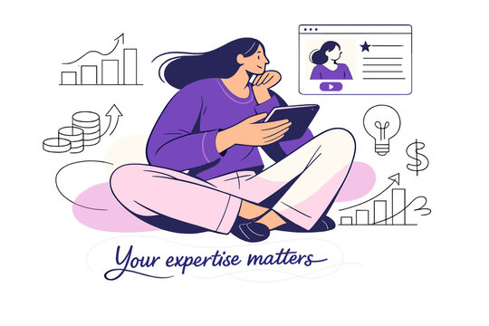 Digital Knowledge Growth. Monetizing knowledge digitally. Creator building personal brand on a tablet, profile