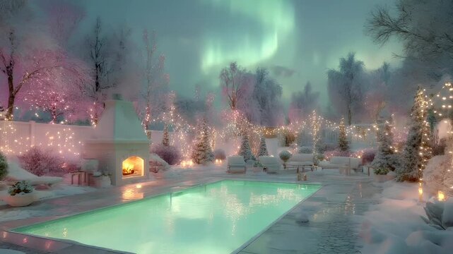Geothermal hot springs resort, spa, bath pool, winter relaxation vacation theme. A tranquil winter scene with a swimming pool surrounded by snowcovered trees adorned with Christmas lights.